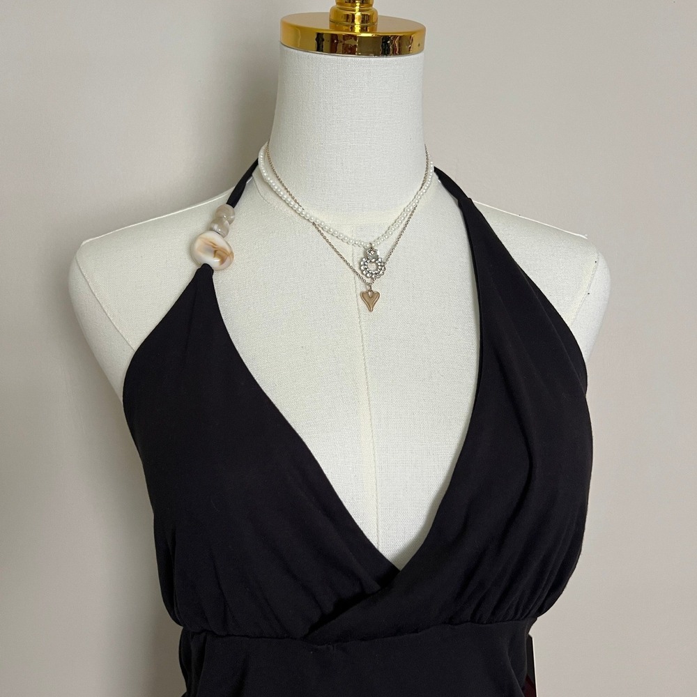 Heart & Moon Black Halter Top Beaded Strap Ruched Surplice V-Neck TJ1262‎ Large - Picture 3 of 7